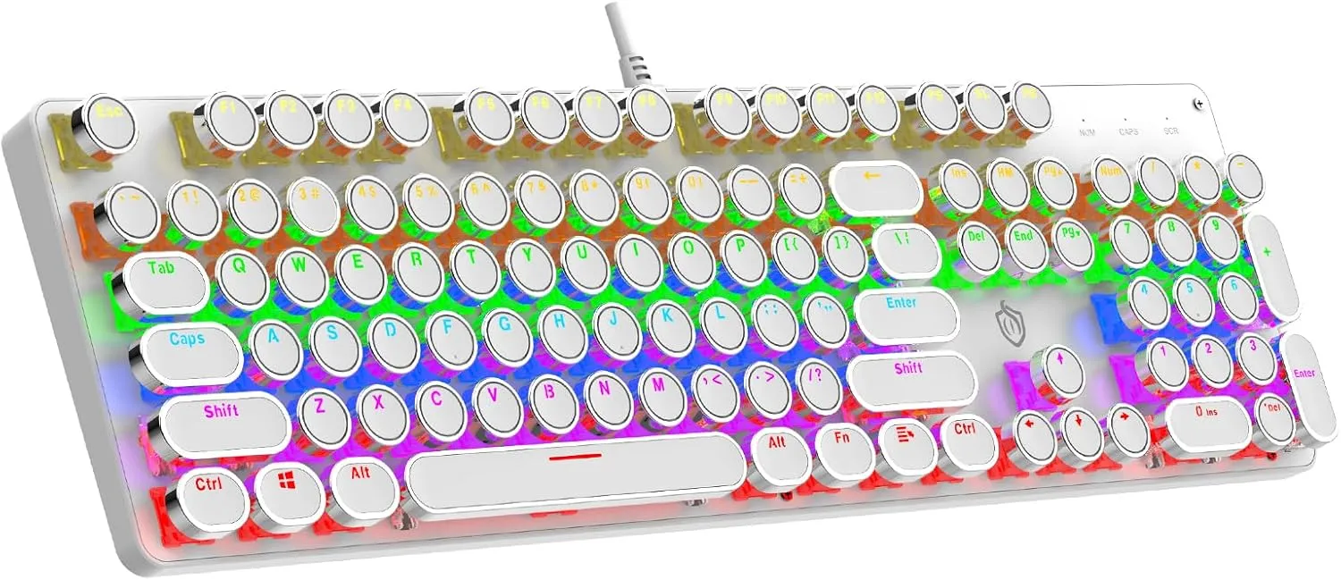 Typewriter Mechanical Gaming Keyboard with Rainbow Light Backlit Red Switches, 104 Keys Retro Round Keycap, Wired Typewriter Style Comfortable Typing Soud (White LED)