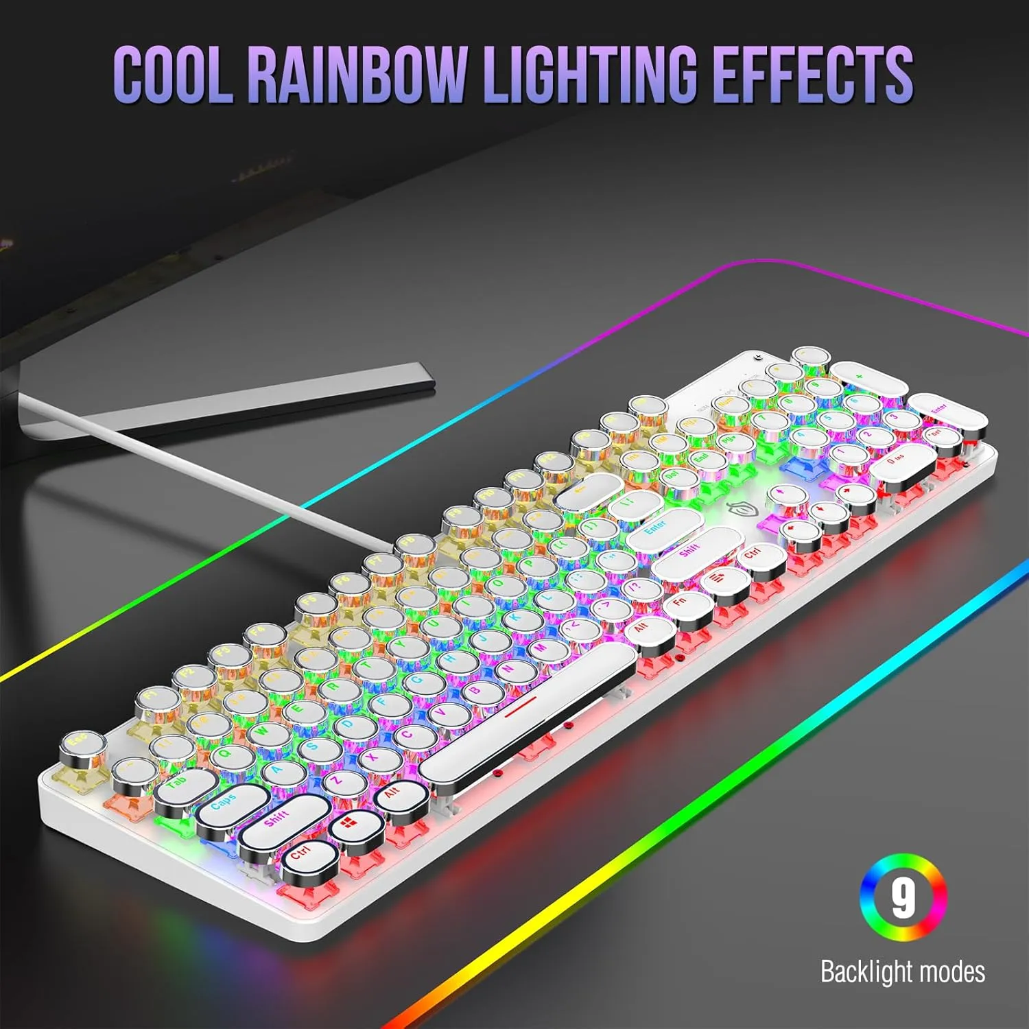 Typewriter Mechanical Gaming Keyboard with Rainbow Light Backlit Red Switches, 104 Keys Retro Round Keycap, Wired Typewriter Style Comfortable Typing Soud (White LED)