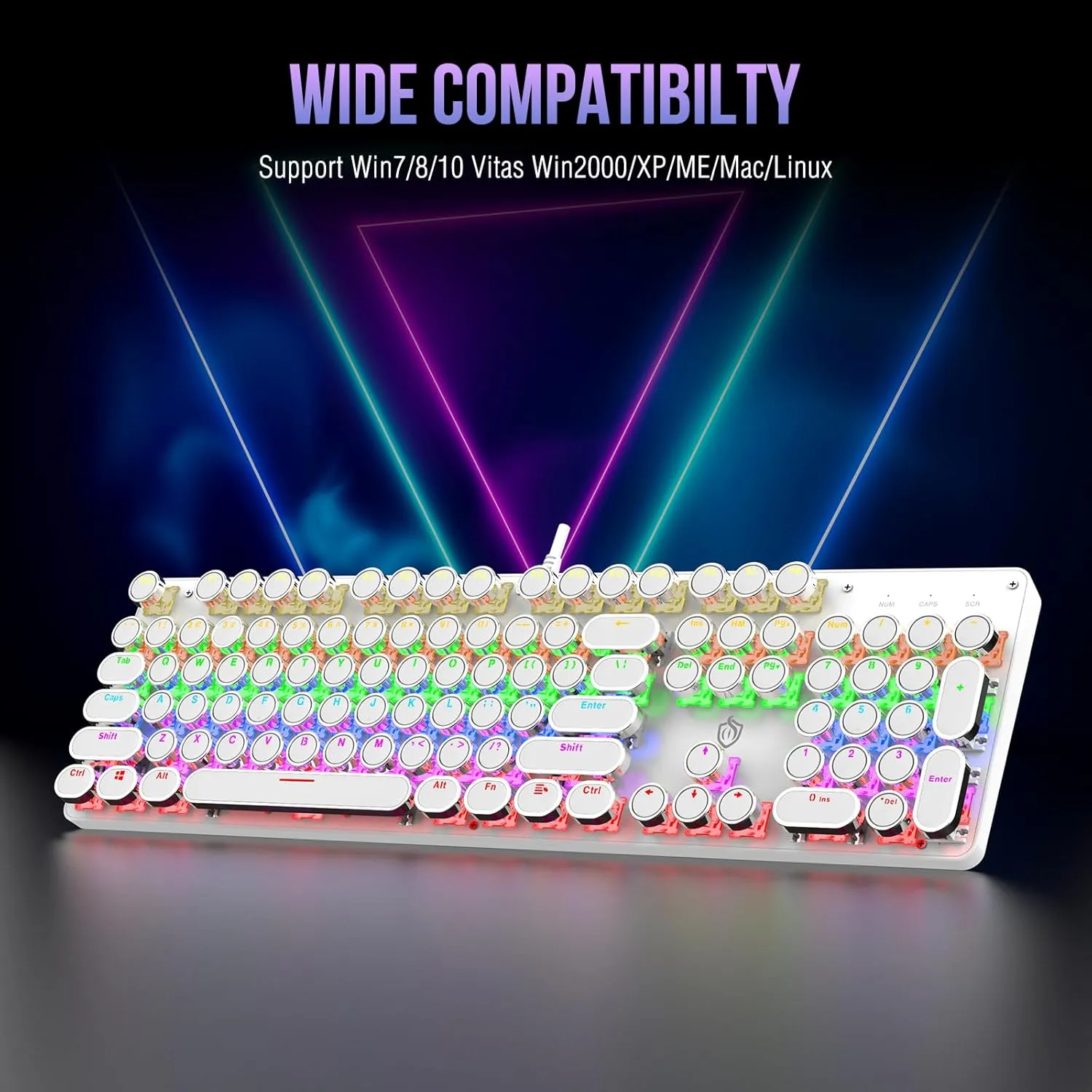 Typewriter Mechanical Gaming Keyboard with Rainbow Light Backlit Red Switches, 104 Keys Retro Round Keycap, Wired Typewriter Style Comfortable Typing Soud (White LED)
