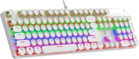 Typewriter Mechanical Gaming Keyboard with Rainbow Light Backlit Red Switches, 104 Keys Retro Round Keycap, Wired Typewriter Style Comfortable Typing Soud (White LED)