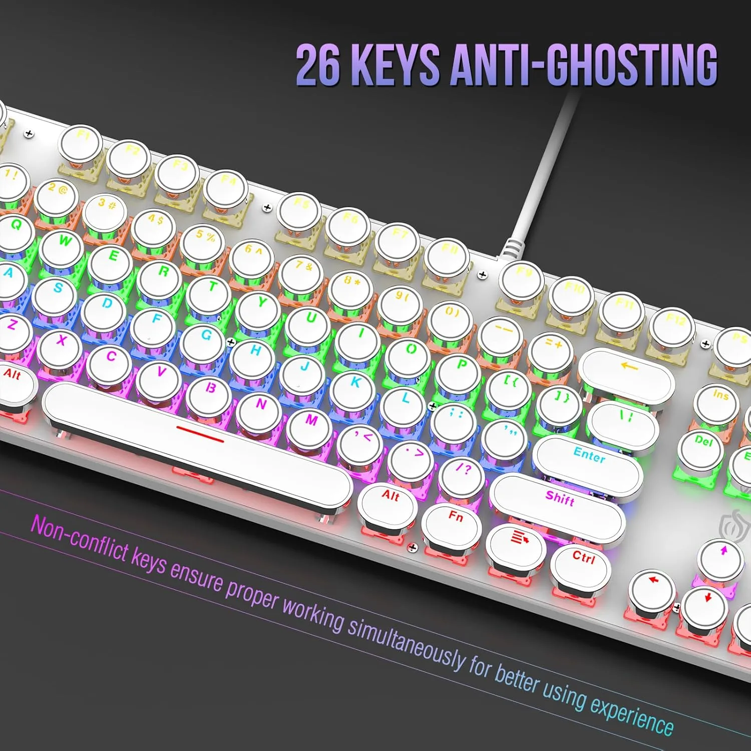 Typewriter Mechanical Gaming Keyboard with Rainbow Light Backlit Red Switches, 104 Keys Retro Round Keycap, Wired Typewriter Style Comfortable Typing Soud (White LED)